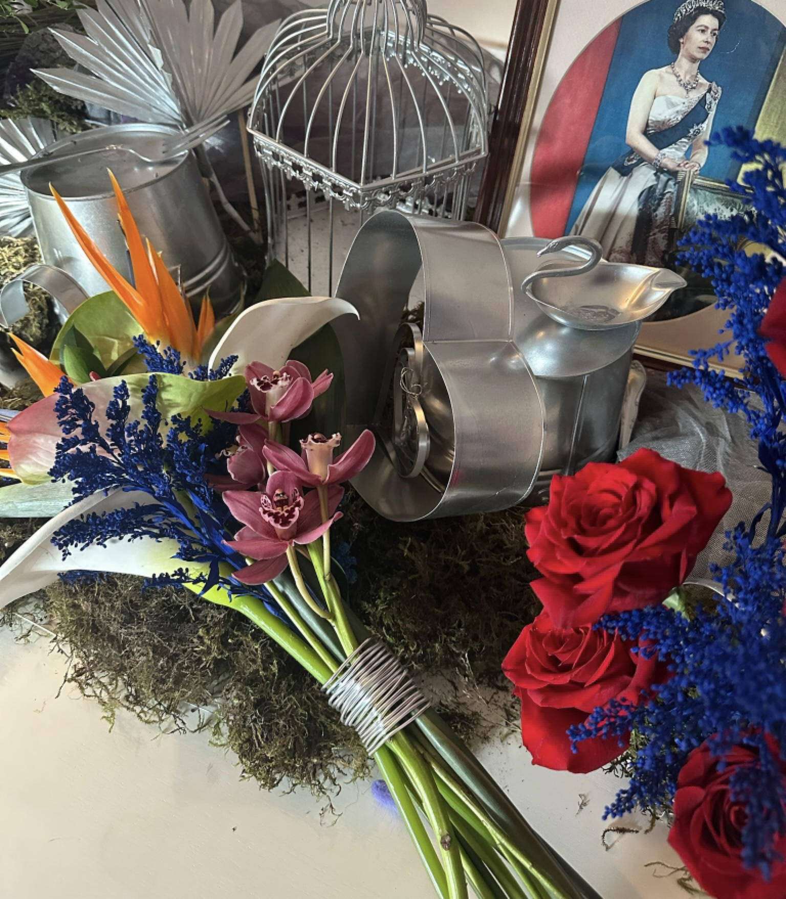 Cool Metallics Wedding trends 2026 tropical bridal bouquet wrapped in steel