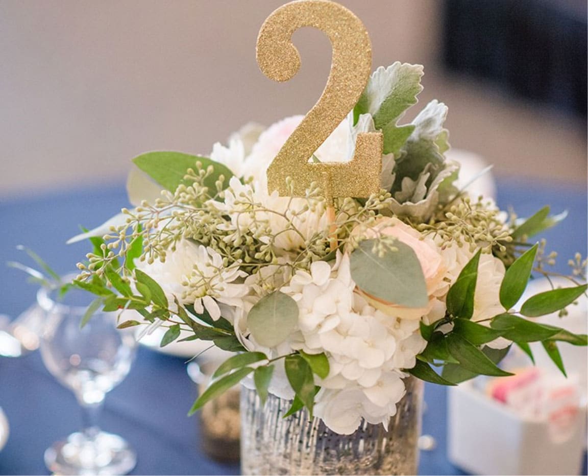 A close-up of flower bouquets for a 2 year old's birthday celebration
