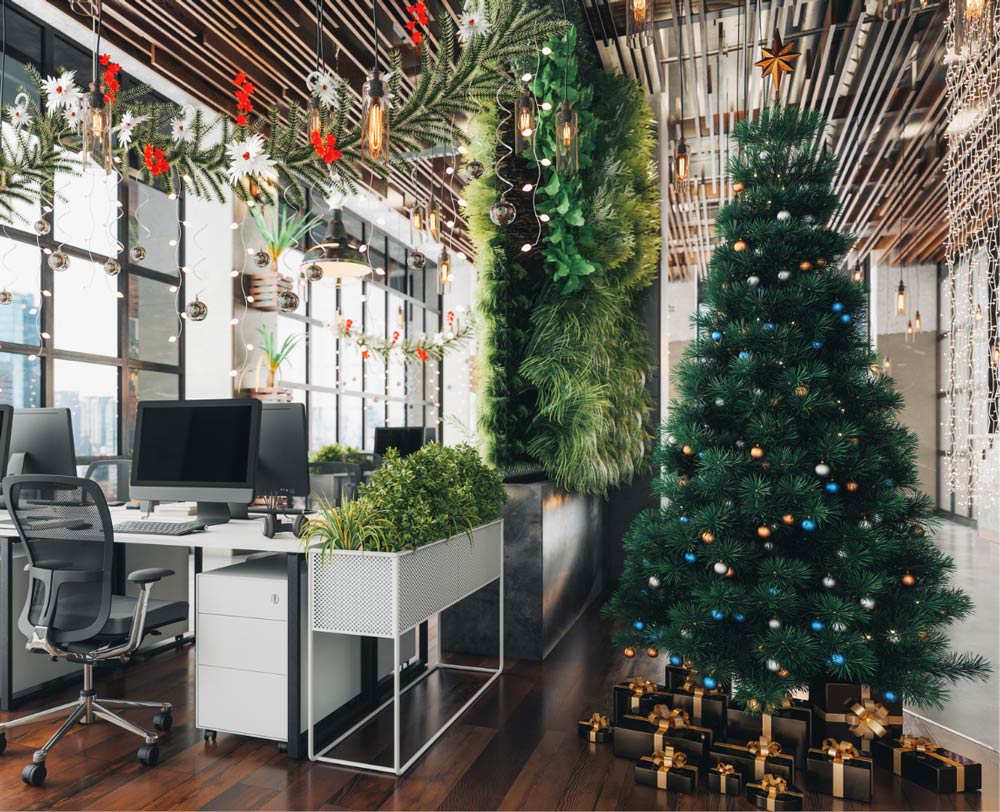 Christmas ornaments in a office