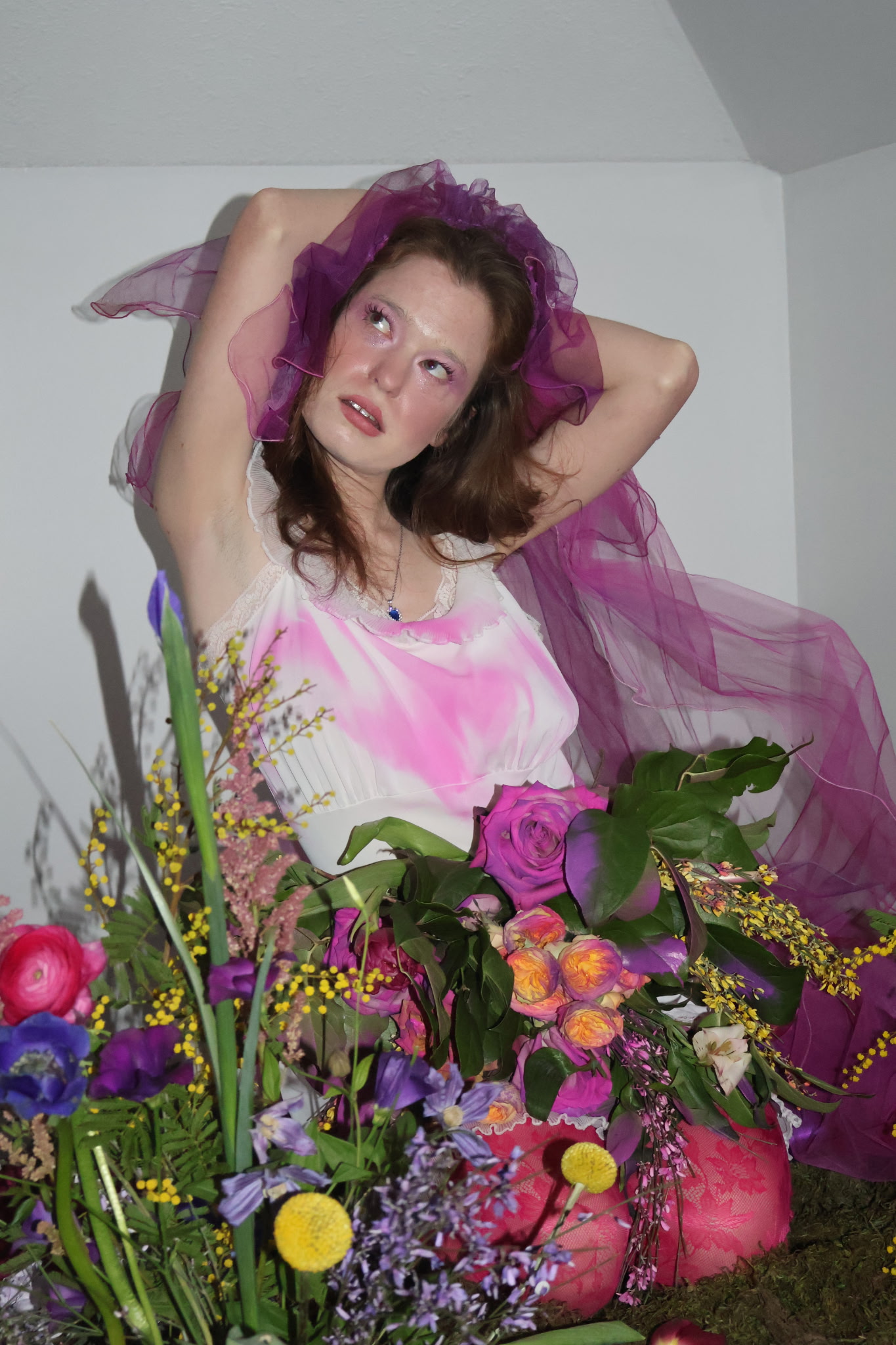 Bright, colorful bouquet featuring orange and pink gerbera daisies, pink chrysanthemums, and pussy willows.